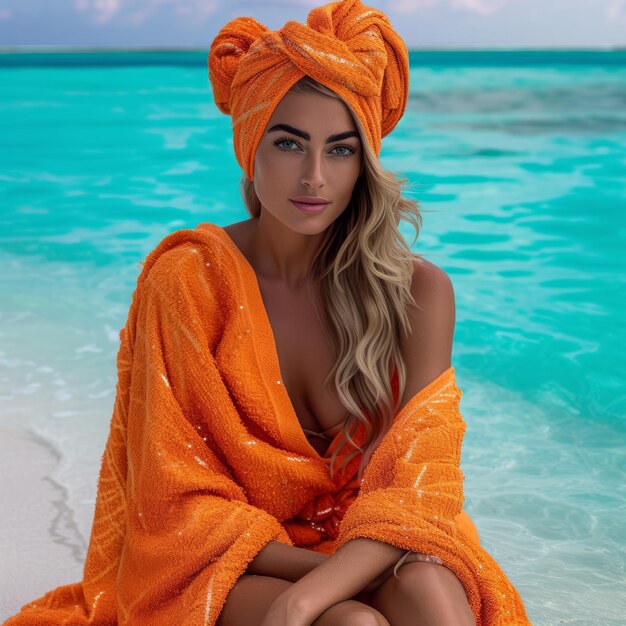 A woman in an orange towel is sitting on the beach with the ocean in the background