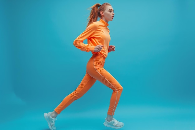 Woman in Orange Tracksuit Running on Blue Background