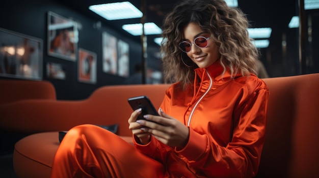 женщина в оранжевом тренажерном костюме и солнцезащитных очках смотрит на сотовый телефон