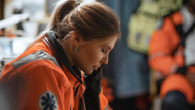 Foto una donna in uniforme arancione con la scritta paramedico sul viso