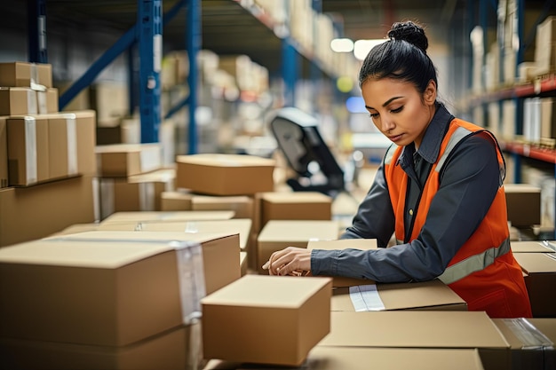 A woman in an orange vest is looking at boxes