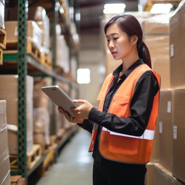 a woman in an orange vest is looking at a tablet in a warehouse