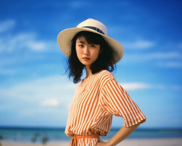 오렌지색과  ⁇ 색 줄무 ⁇  드레스를 입은 여성이 해변에서 세련된  ⁇  모자를 입고 생성 인공지능 기술로 만들어졌습니다.