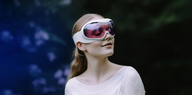 Woman outdoors wearing VR headset for mixed reality device of spatial computing era Generative ai