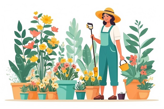 Woman outdoors with flowers vector lady gardening isolated person with pots and tools for growing flora for home decoration isolated person flat style