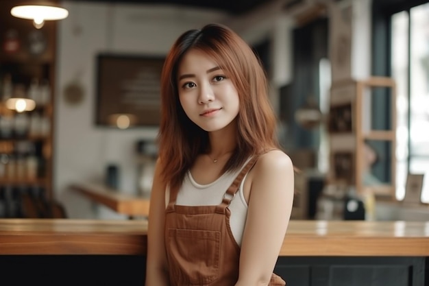 A woman in an overalls stands in front of a window that says'i'm a waitress '