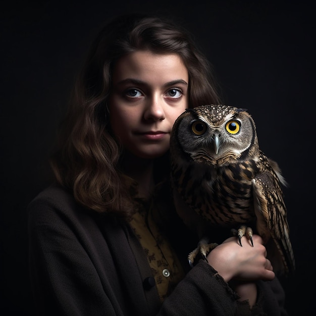 Woman and owl A young brunette woman with large bulging eyes holds an owl on her hand