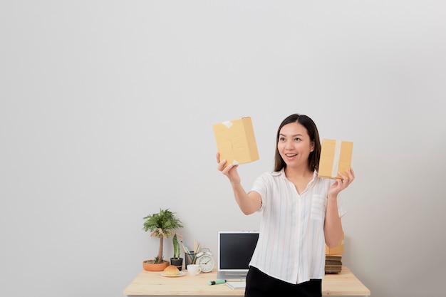 Woman owner work online shopping at home