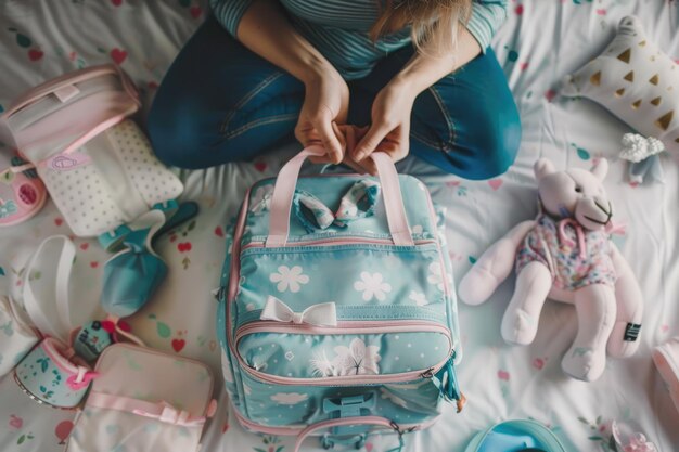 사진 침대 위 에 있는 산부인과 가방 에 아기 의 액세서리 를 포장 하는 여자