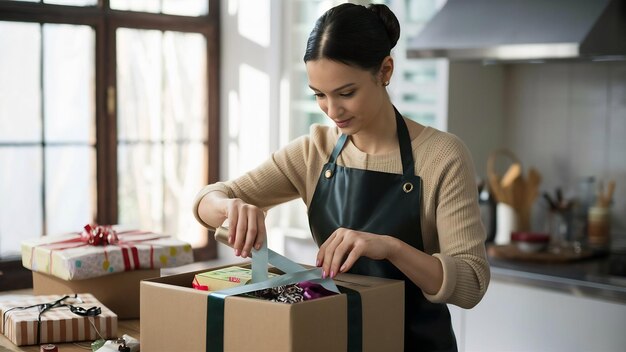 Woman packing box with tape