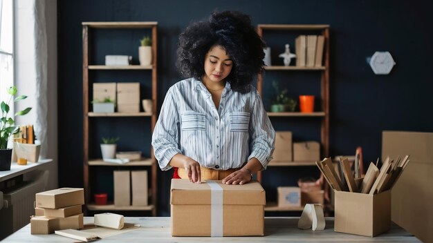 Woman packing box with tape