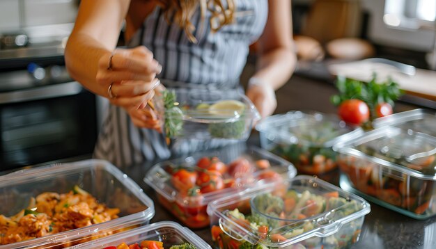 Женщина упаковывает свежую еду в lunchbox на кухне