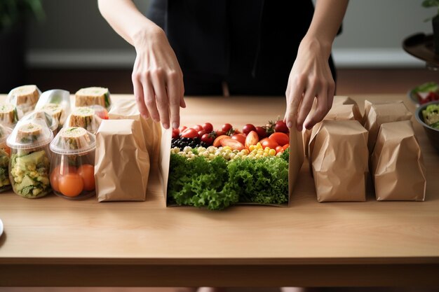 a woman packing a meal for lunch on the table a woman preparing lunch a woman making lunch on the