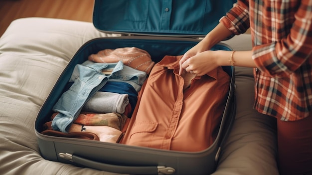 Woman packing suitcase at home top view Travel concept