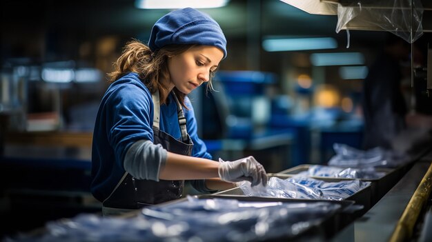 Photo a woman packs frozen food in a packaging factory ai generative