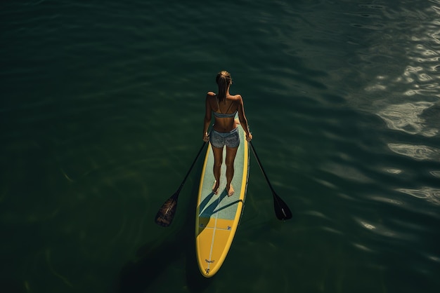 Woman paddle boarding on a lake surrounded by mountains