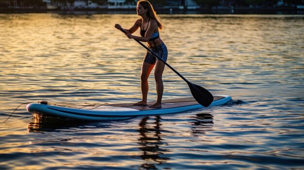 A woman paddle boarding on a lake with the sun reflecting on the water.