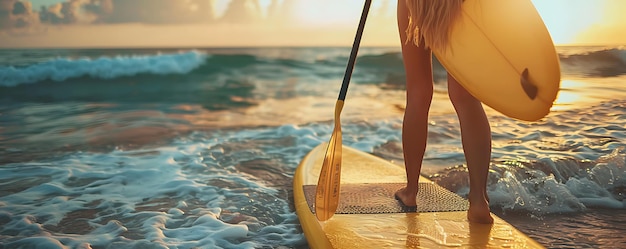 a woman paddles a paddle board with the ocean in the background