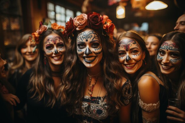 Woman paint her face skull and decorate with flower Day of death culture concept background