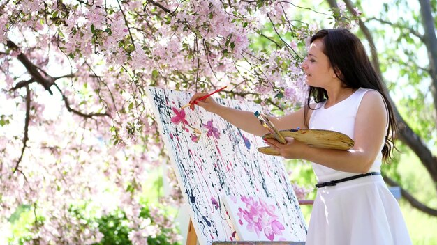 Foto una pittrice in abito bianco dipinge un quadro di fiori in un frutteto di mele primaverili in fiore