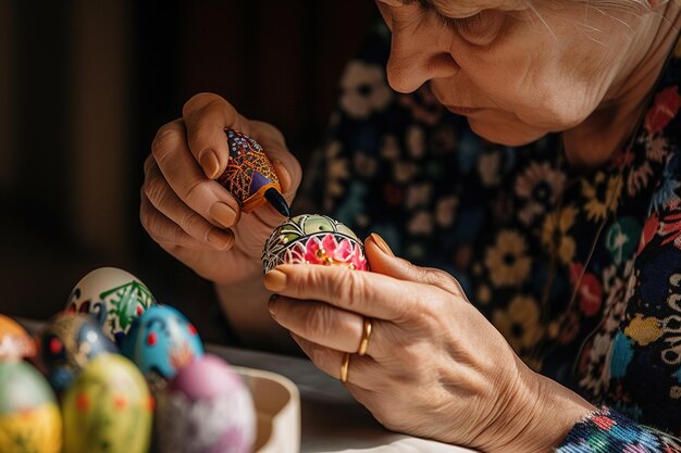 Женщина красит пасхальные яйца красочной краской