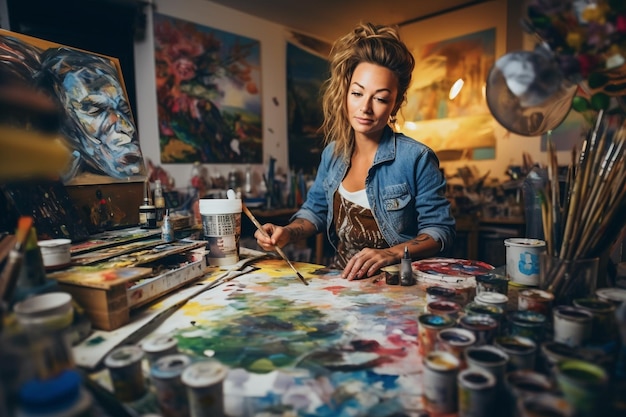 A woman painting a painting in a studio