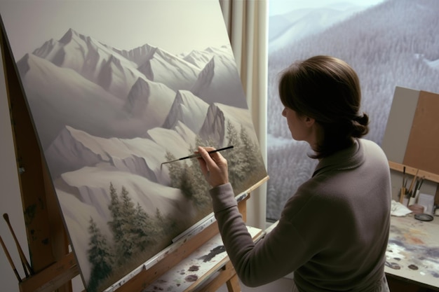 The woman painting the realistic landscapes in an art studio with mountain view Generative AI AIG21