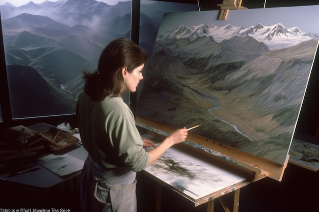 Photo the woman painting the realistic landscapes in an art studio with mountain view generative ai aig21