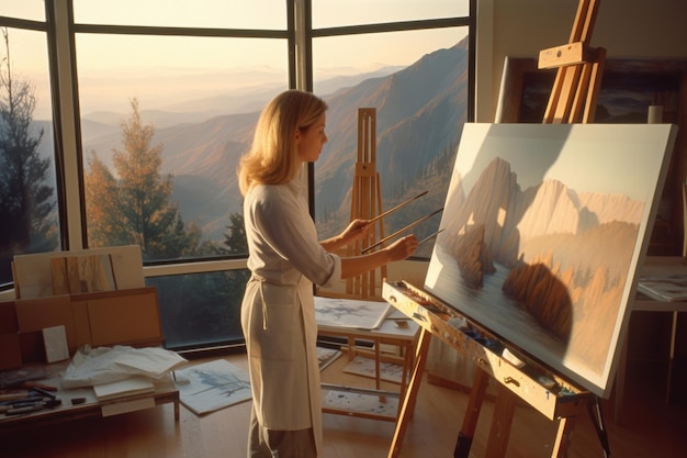 The woman painting the realistic landscapes in an art studio with mountain view Generative AI AIG21