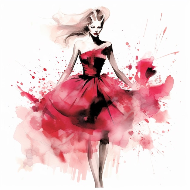 Женщина рисует и эскиз цвета красного платья