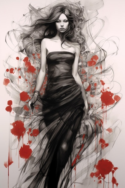 女性絵画スケッチ黒いドレス