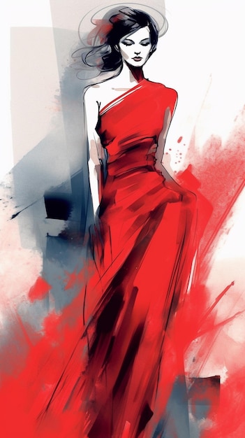 Woman painting sketch Red dress