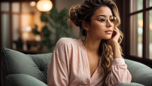 Woman in Pajamas Sitting On Sofa