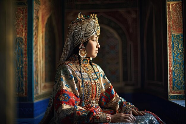 A woman in a palace wearing a crown and dress Generative Ai