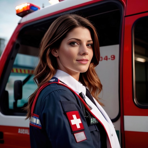 Photo woman paramedic next to ambulance smiling