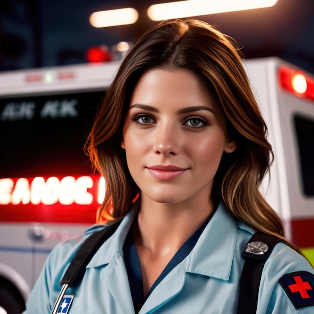 Photo woman paramedic next to ambulance smiling