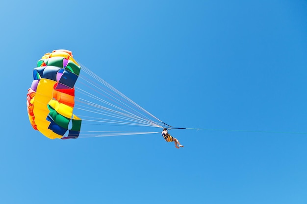 Photo woman parasailing on parachute in blue sky