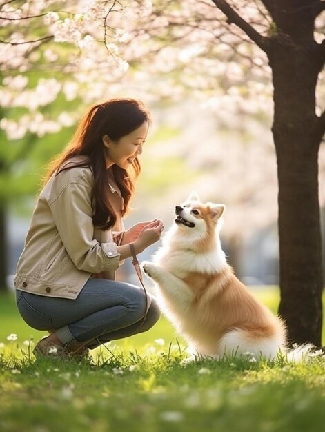 a woman in a park with a dog and a tree in the background