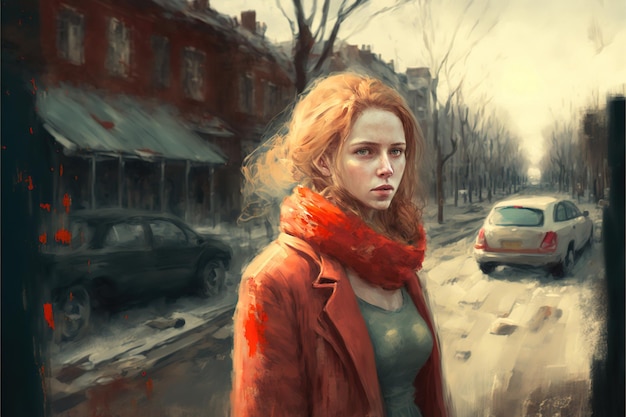 Женщина в парке Молодая женщина в красном стоит в заброшенном парке Иллюстрация в стиле цифрового искусства