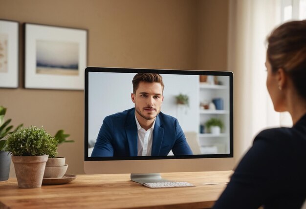 A woman participates in a video conference call focused and engaging with a remote colleague