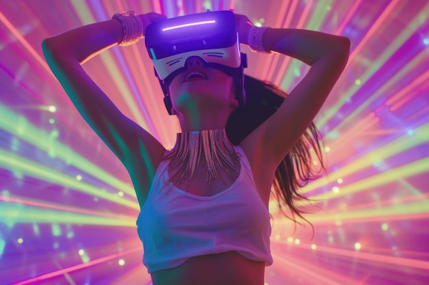 写真 仮想現実スタジオで3dアバターとしてパーティーをしている女性