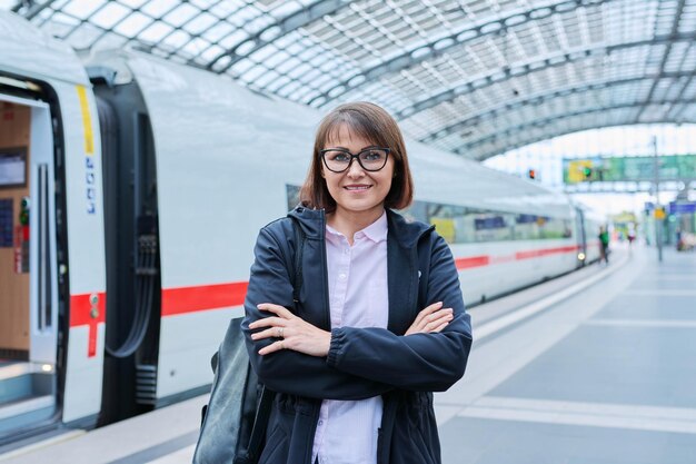 駅内にある鉄道プラットフォームの女性乗客 ⁇ 腕を交差させてカメラを見ている ⁇ 