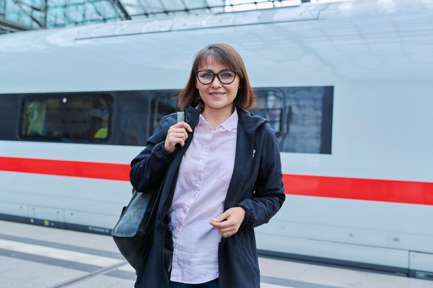 駅内の鉄道プラットフォームの女性乗客