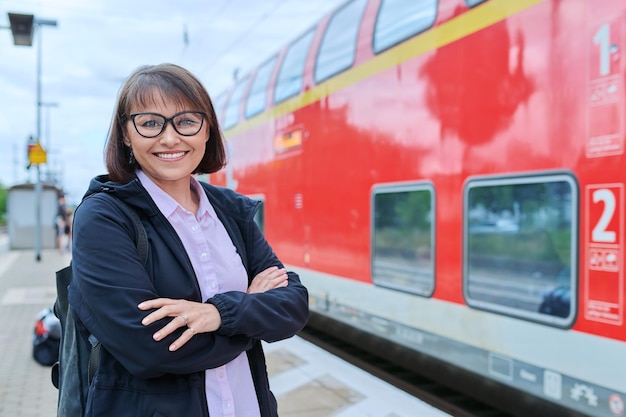 駅の屋外プラットフォームで地元の列車を待っている女性乗客