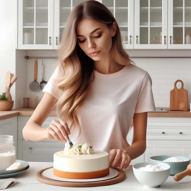 woman in pastel white tshirt cooking cake on table in white kitchen