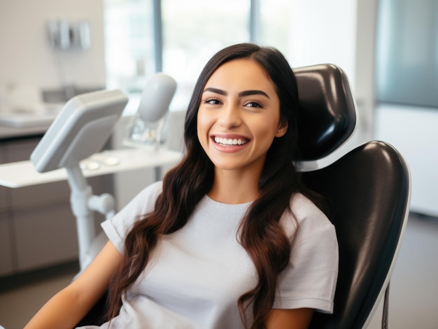 Photo woman patient with dental braces red hair sitting at the dentist chair having braces on his teeth