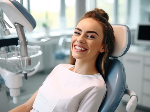 Женщина-пациент с зубными брекетами, рыжие волосы, сидящая у стоматолога, с брекетами на зубах