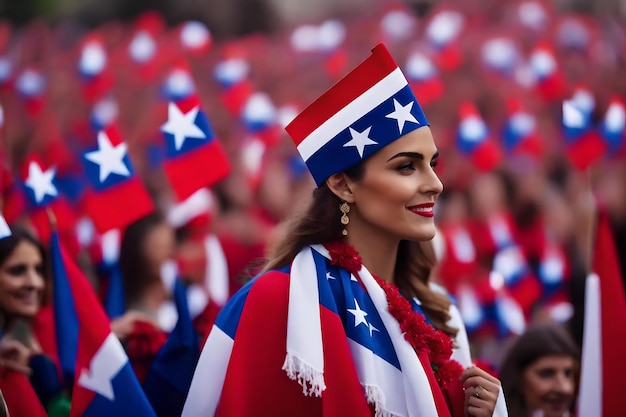 A woman in a patriotic hat stands in front of a crowd of people wearing flags.