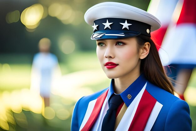 A woman in a patriotic outfit stands in front of a flag.