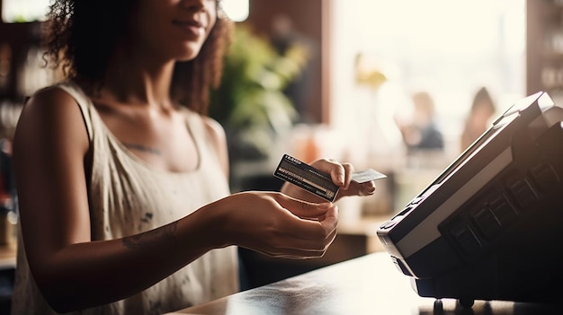 A woman paying with a credit card at a cafe